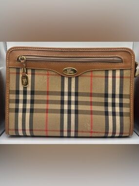 Burberry Beige Plaid Toiletry Bag with Tan Leather Trim